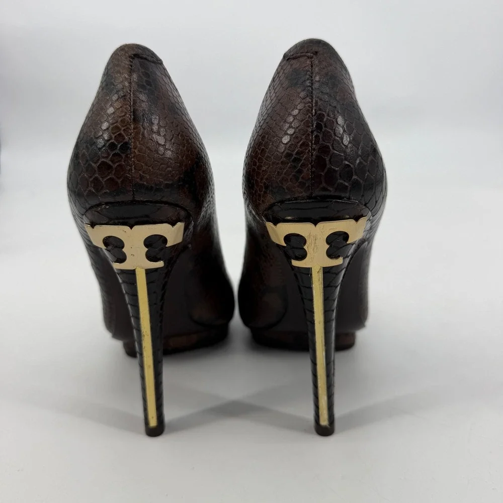 Tory Burch Brown Snakeskin Leather Platform Pumps Gold Logo Heel Size 5.5M